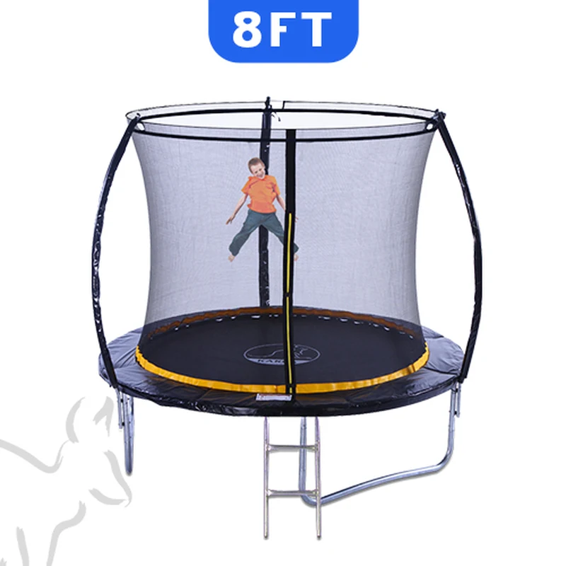 Kanga 8ft Premium Trampoline with blue safety enclosure on a UK lawn
