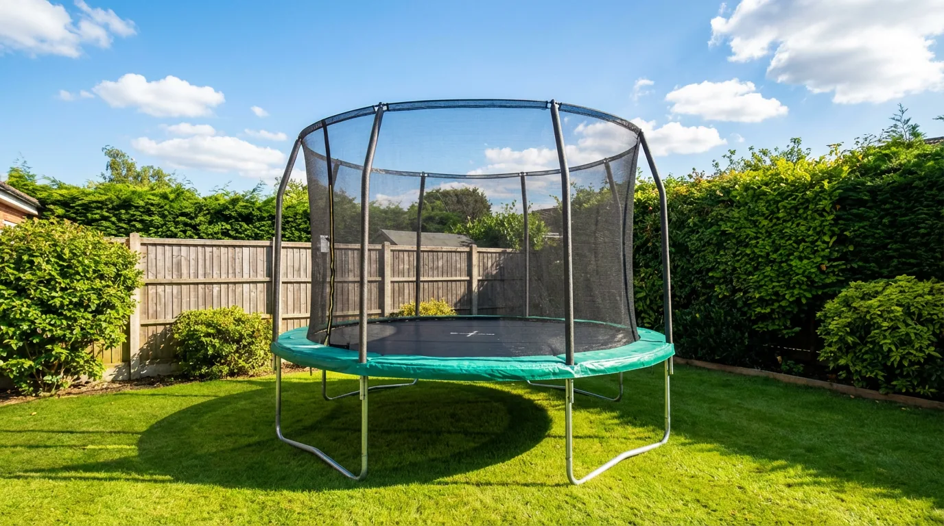 Kanga garden trampoline with safety enclosure on a sunny UK lawn