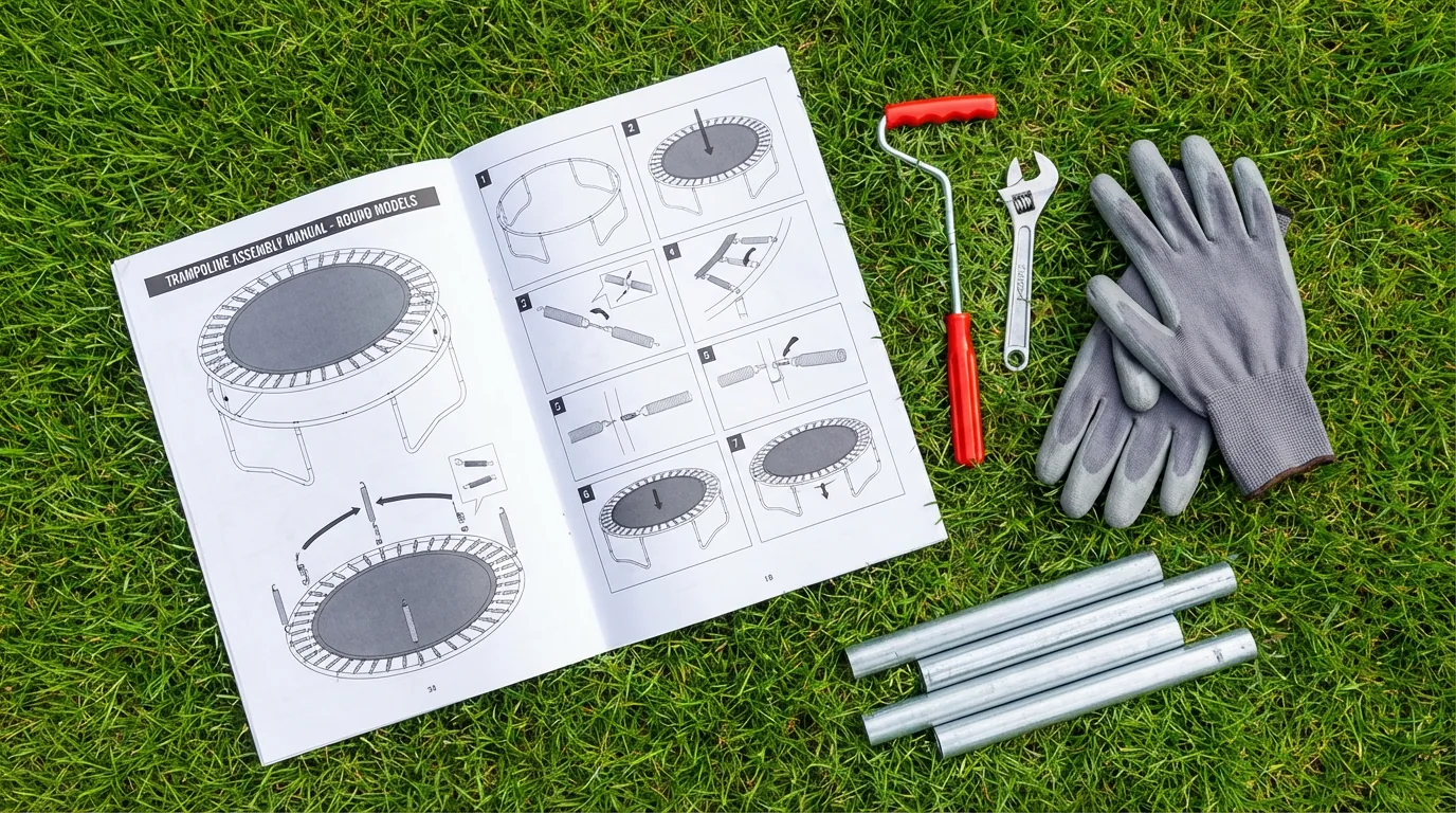 Printed Kanga trampoline instruction manual on grass with assembly tools