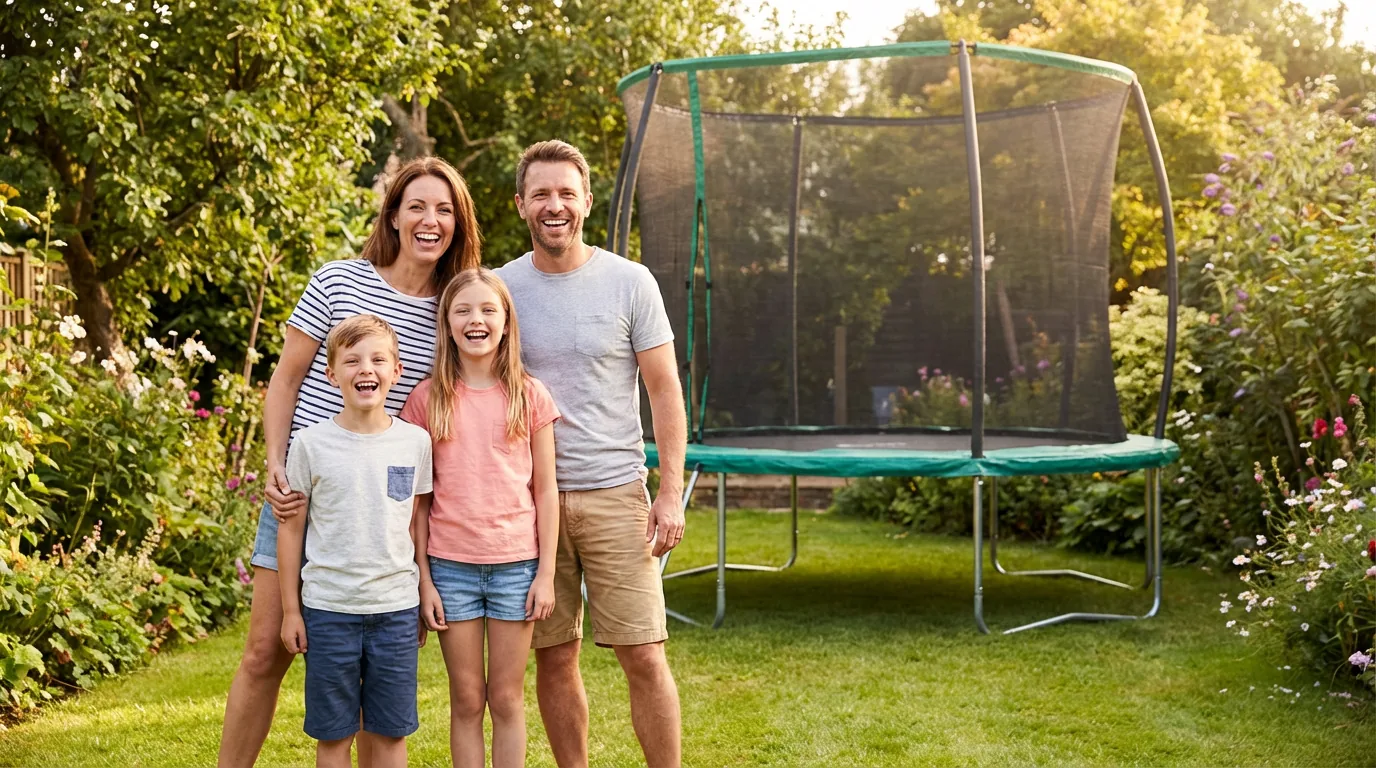 British family in a garden with a 12ft Kanga trampoline in the background
