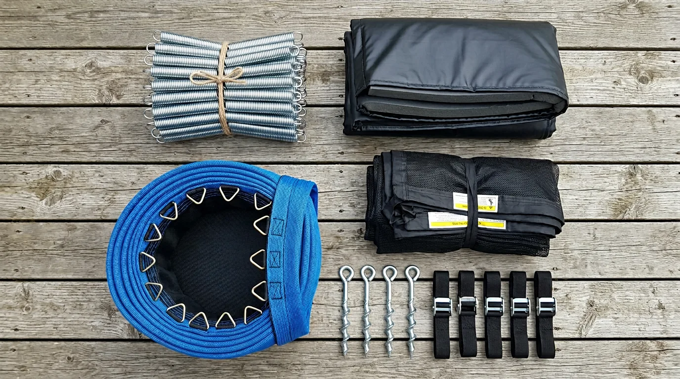Kanga trampoline replacement parts laid out on wooden decking
