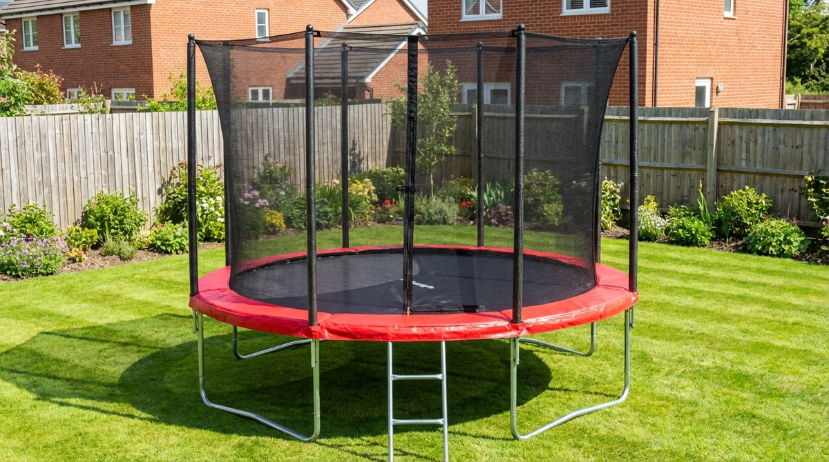 6ft Kanga round trampoline with red padding on a sunny UK lawn