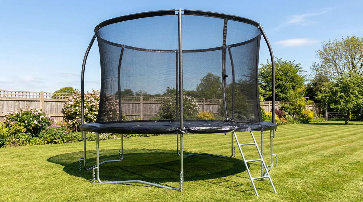 12ft Kanga round trampoline with black padding in a spacious garden